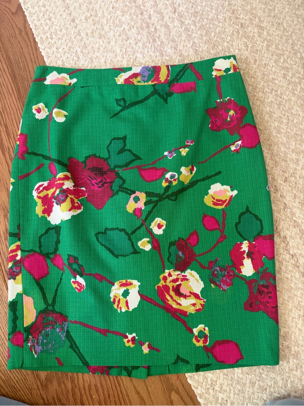 J. Crew Bright Green Floral Pencil Skirt with Pink and Yellow Accents